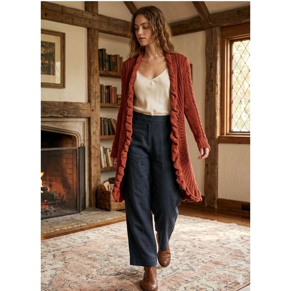 Rosie Neira Anthropologie Ruffle Cable Knit Duster Cardigan Rust Orange XS
